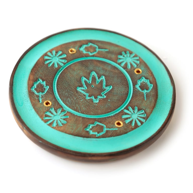 Decorative Round Painted Leaf Wooden Incense Burner Ash Catcher with Metal Stand