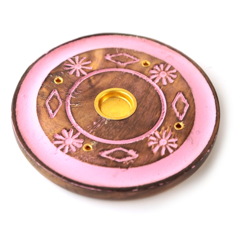 Decorative Round Wooden Incense Burner with Flower Design and Ash Catcher