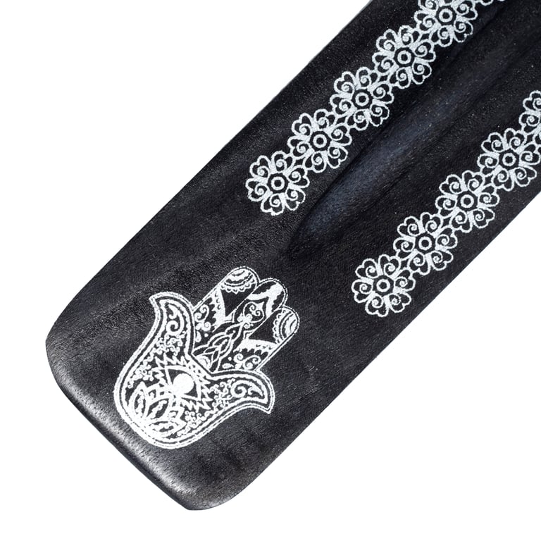 Mango Wood Hamsa Palm Inlay Incense Sticks Burner with Ashcatcher Holder