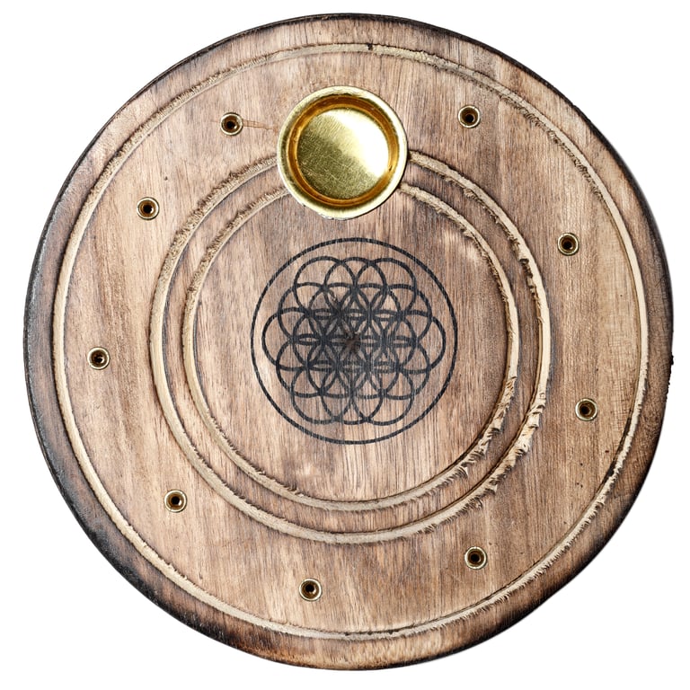 Mango Wood Round Flower of Life Incense Sticks & Cones Ashcatcher Burner