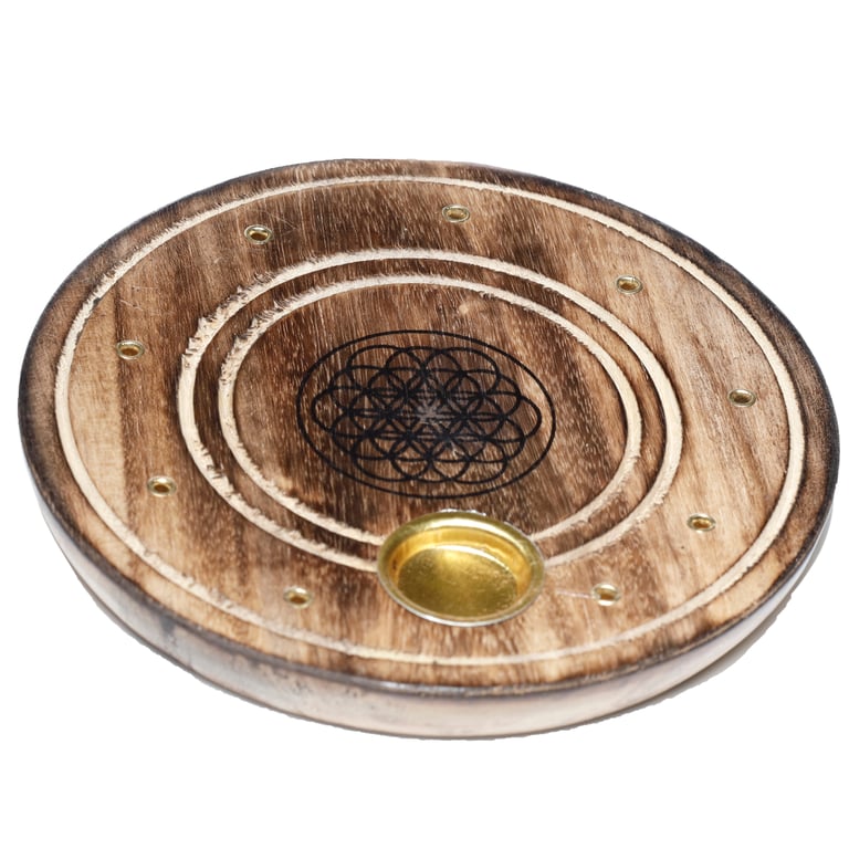 Mango Wood Round Flower of Life Incense Sticks & Cones Ashcatcher Burner