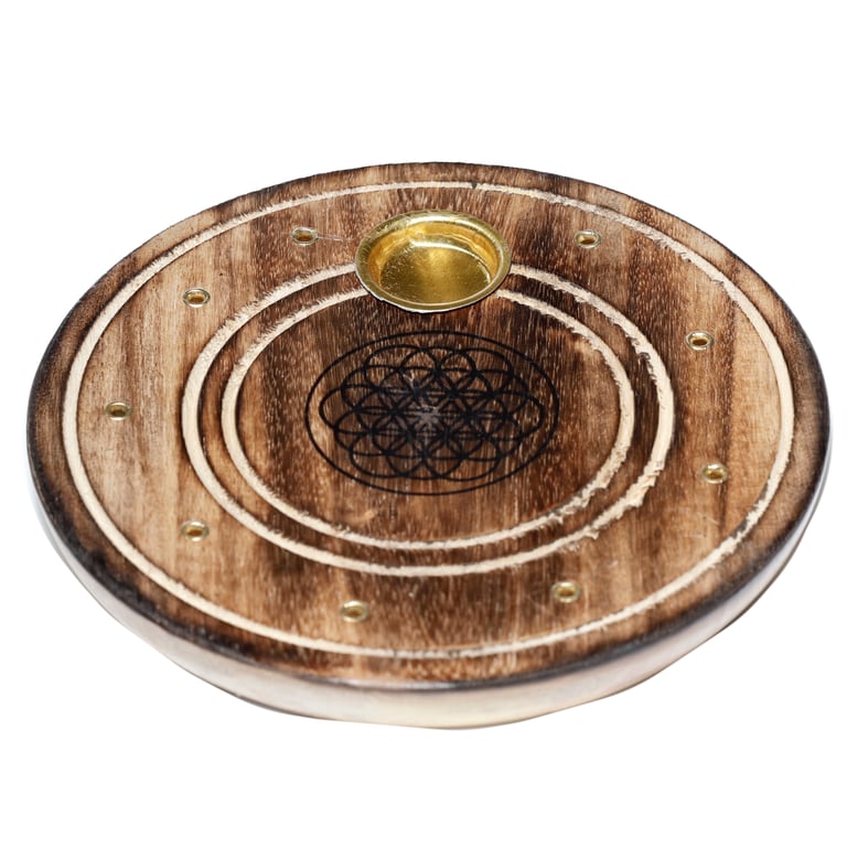 Mango Wood Round Flower of Life Incense Sticks & Cones Ashcatcher Burner