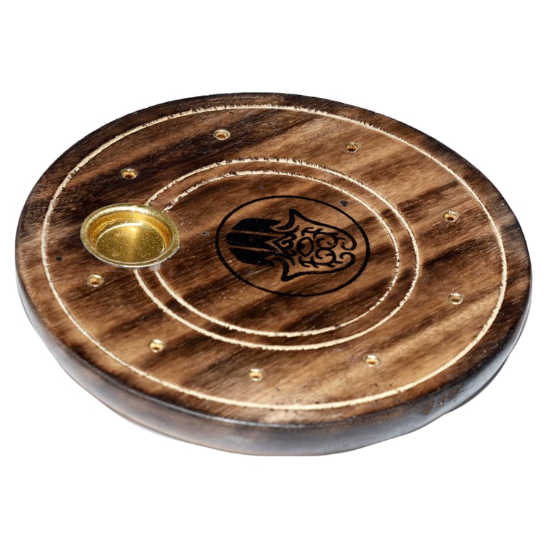 Mango Wood Round Hamsa Ashcatcher Incense Sticks & Cones Burner - Wooden Holder for Home Use