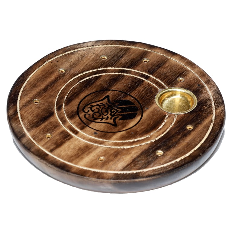 Mango Wood Round Hamsa Ashcatcher Incense Sticks & Cones Burner - Wooden Holder for Home Use