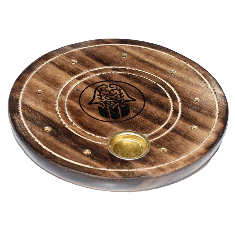 Mango Wood Round Hamsa Ashcatcher Incense Sticks & Cones Burner - Wooden Holder for Home Use
