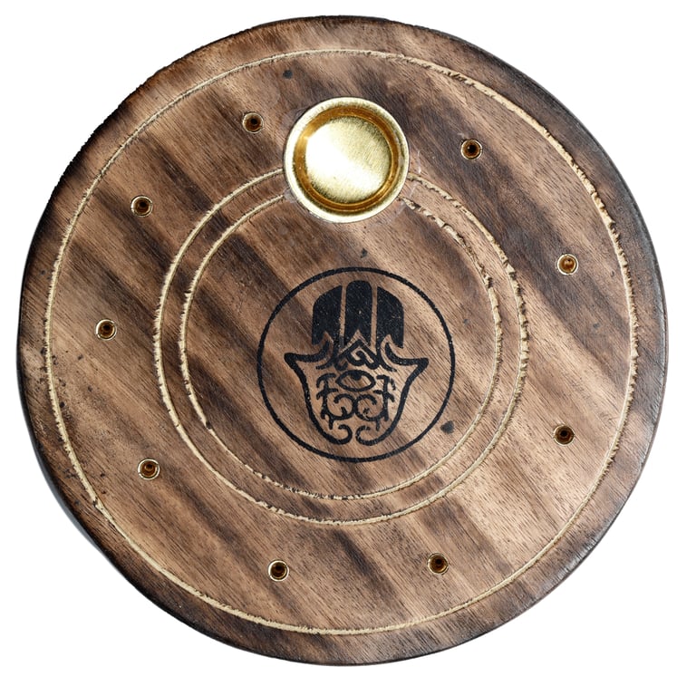 Mango Wood Round Hamsa Ashcatcher Incense Sticks & Cones Burner - Wooden Holder for Home Use
