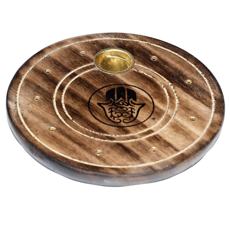 Mango Wood Round Hamsa Ashcatcher Incense Sticks & Cones Burner - Wooden Holder for Home Use