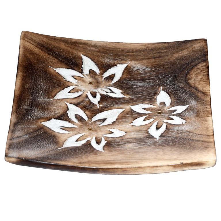 Mango Wood Square Carved Flowers Ashcatcher Incense Burner Holder Stand