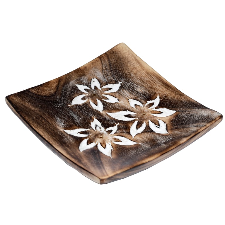 Mango Wood Square Carved Flowers Ashcatcher Incense Burner Holder Stand