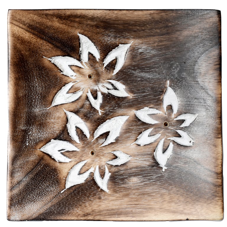 Mango Wood Square Carved Flowers Ashcatcher Incense Burner Holder Stand