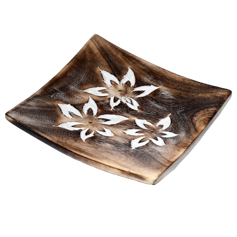 Mango Wood Square Carved Flowers Ashcatcher Incense Burner Holder Stand