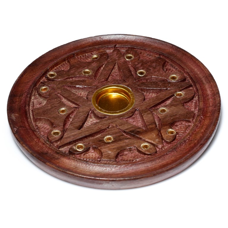 Sheesham Wood Round Incense Burner with Ashcatcher and Carved Star Design