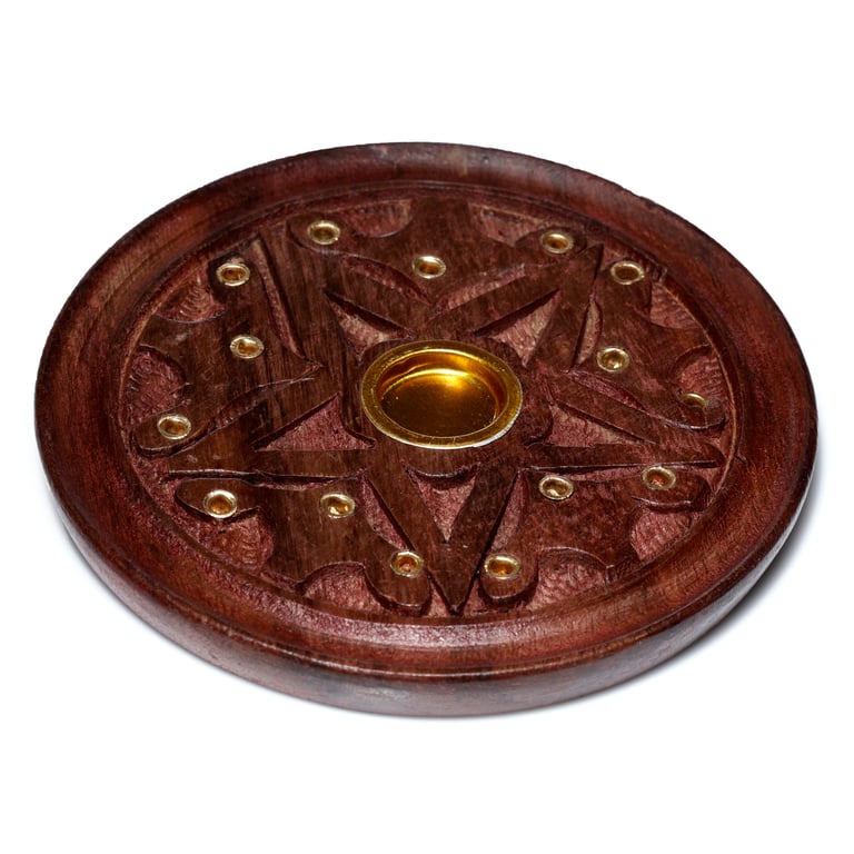 Sheesham Wood Round Incense Burner with Ashcatcher and Carved Star Design