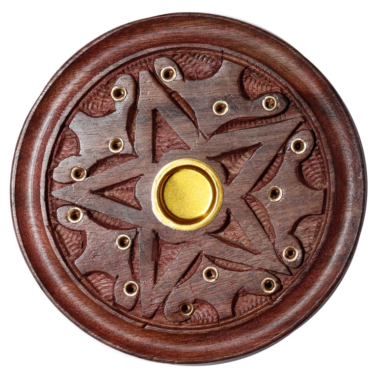 Sheesham Wood Round Incense Burner with Ashcatcher and Carved Star Design