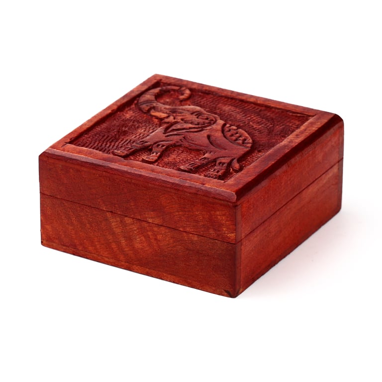 Mango Wood Carved Elephant Trinket Storage Box - Home Decor