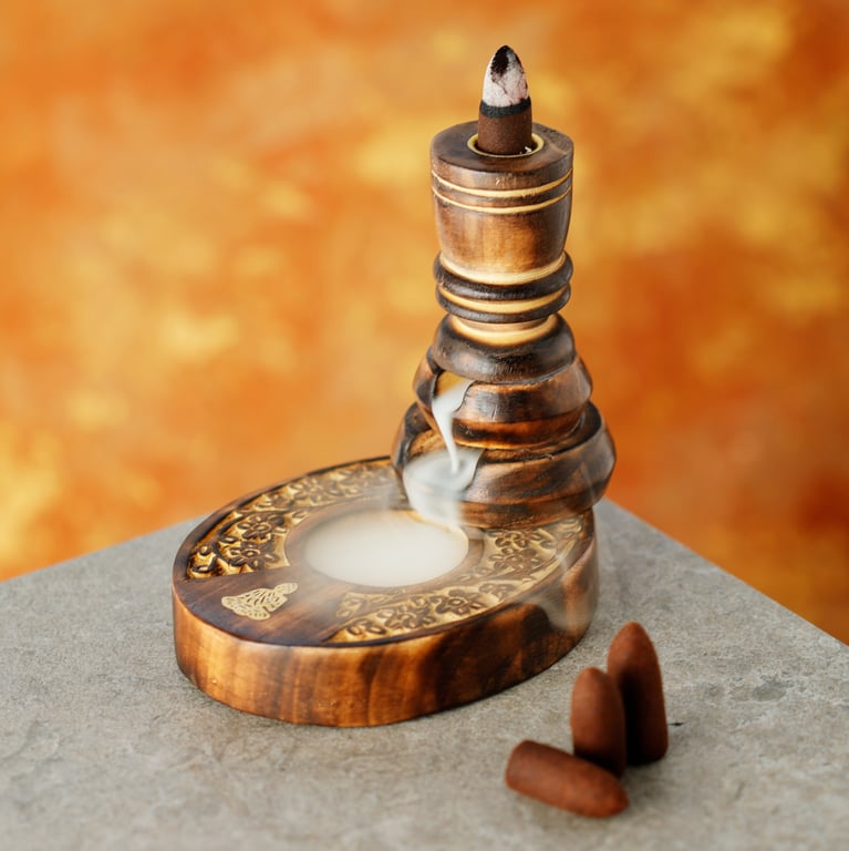 Mango Wood Backflow Incense Burner - Flower Garden Buddha
