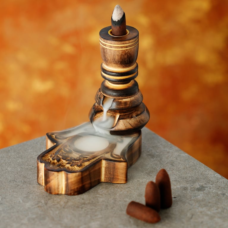 Mango Wood Hamsa Backflow Incense Burner - Heatproof Design for Home Decor