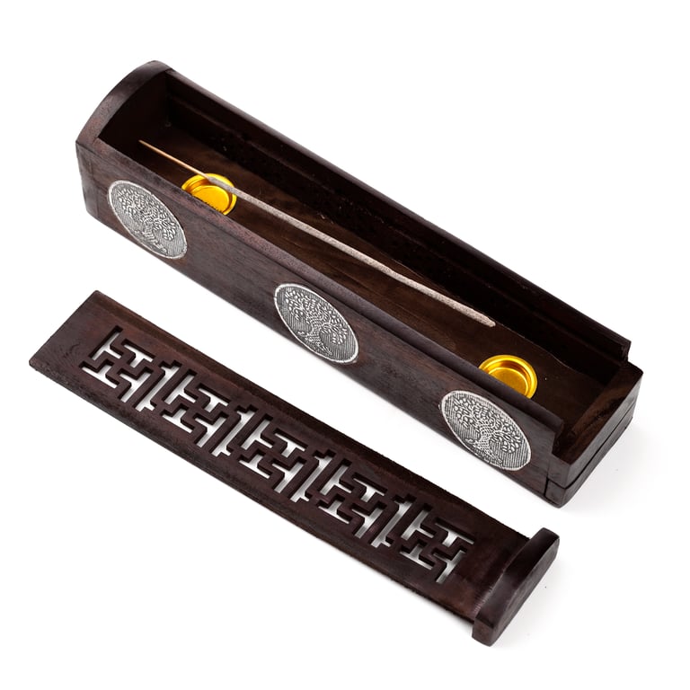 Mango Wood Incense Burner Box - Tree of Life, Wooden and Metal Holder for Sticks and Cones