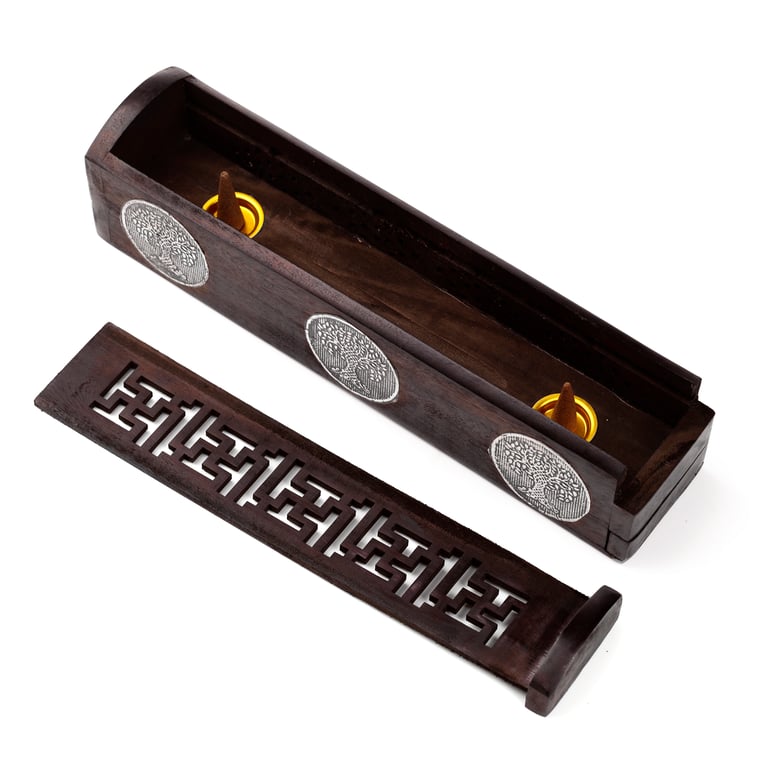 Mango Wood Incense Burner Box - Tree of Life, Wooden and Metal Holder for Sticks and Cones