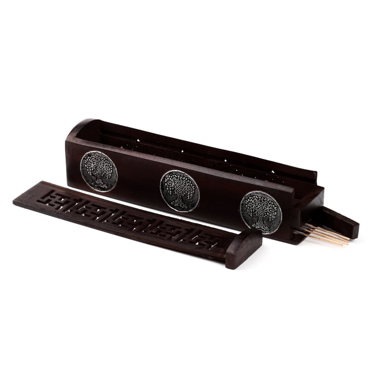 Mango Wood Incense Burner Box - Tree of Life, Wooden and Metal Holder for Sticks and Cones