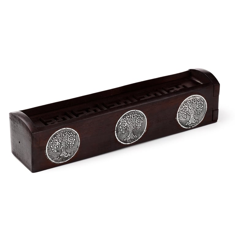Mango Wood Incense Burner Box - Tree of Life, Wooden and Metal Holder for Sticks and Cones
