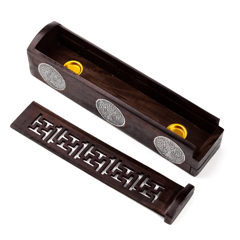 Mango Wood Incense Burner Box - Tree of Life, Wooden and Metal Holder for Sticks and Cones