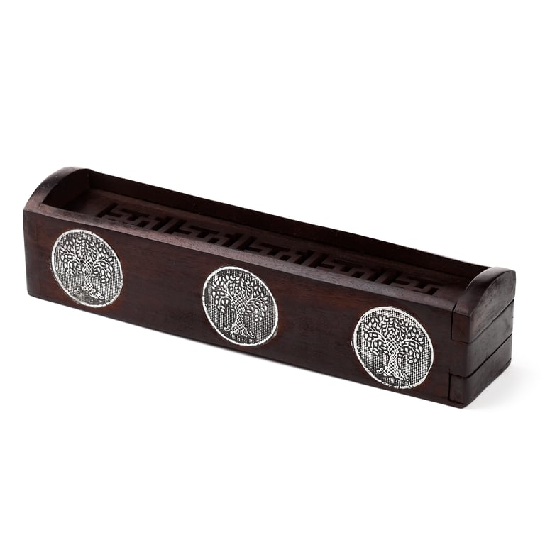 Mango Wood Incense Burner Box - Tree of Life, Wooden and Metal Holder for Sticks and Cones