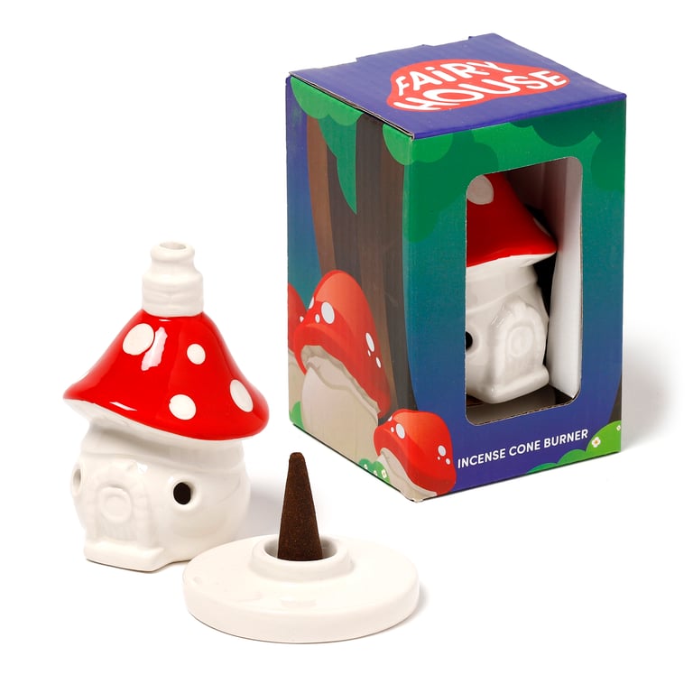 Ceramic Incense Cone Burner - Dolomite Fairy Toadstool House Holder with Smoke Through Openings