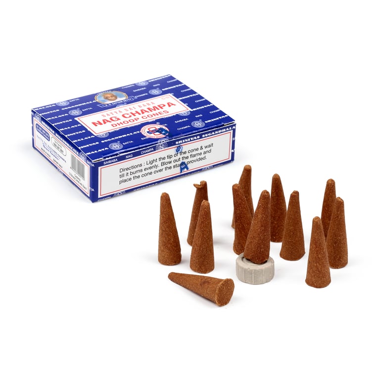 Satya Nag Champa Incense Cones - 12 Pack, Cruelty Free & Vegan, 30 Min Burn Time