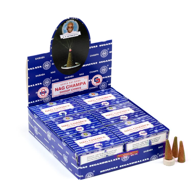 Satya Nag Champa Incense Cones - 12 Pack, Cruelty Free & Vegan, 30 Min Burn Time