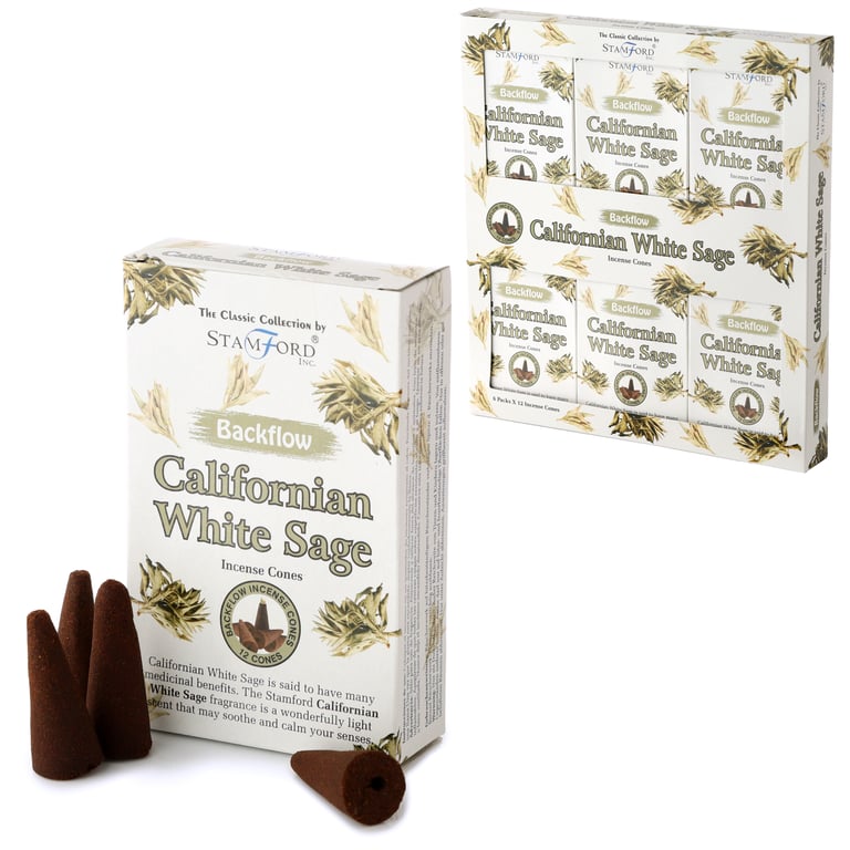 Stamford Backflow Hand Rolled White Sage Incense Cones - 30 Minute Burn Time, Cruelty Free & Vegan