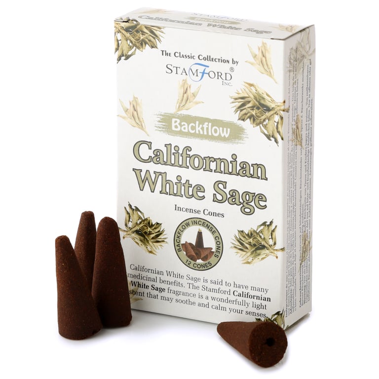 Stamford Backflow Hand Rolled White Sage Incense Cones - 30 Minute Burn Time, Cruelty Free & Vegan