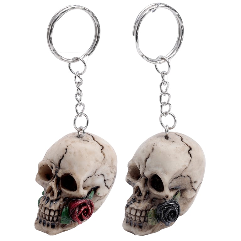 Resin and Metal Skulls and Roses Keyring with Rose Design - Novelty Keychain