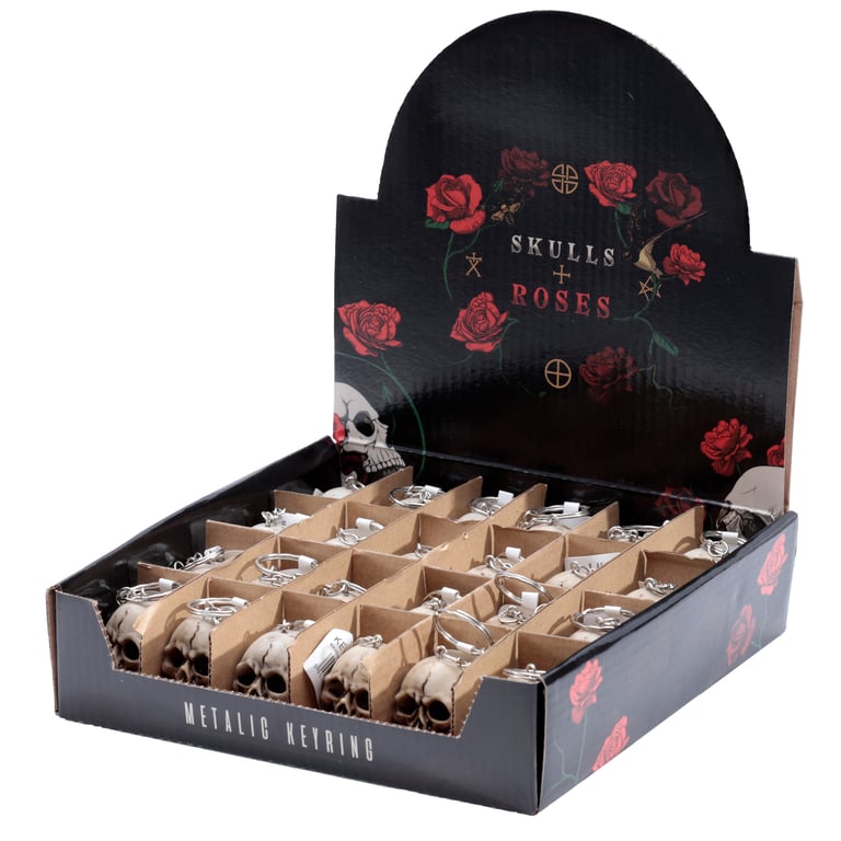 Resin and Metal Skulls and Roses Keyring with Rose Design - Novelty Keychain
