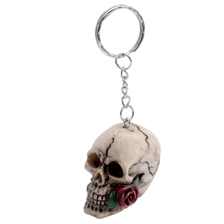 Resin and Metal Skulls and Roses Keyring with Rose Design - Novelty Keychain