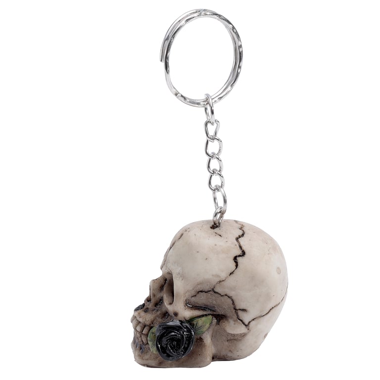 Resin and Metal Skulls and Roses Keyring with Rose Design - Novelty Keychain