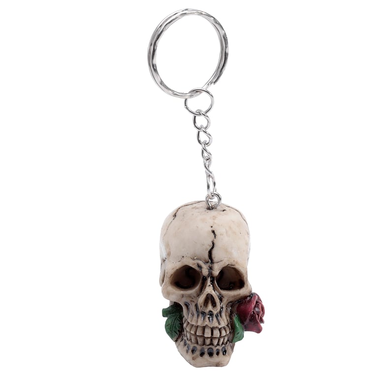 Resin and Metal Skulls and Roses Keyring with Rose Design - Novelty Keychain