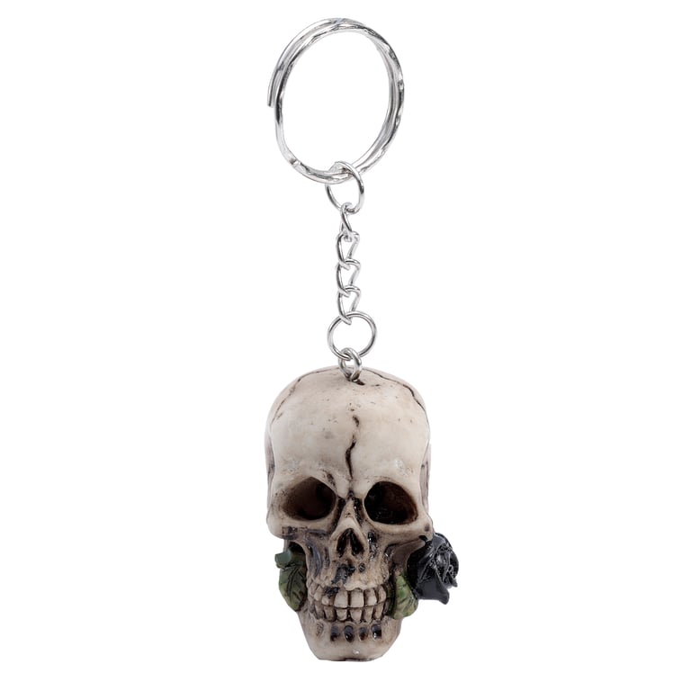 Resin and Metal Skulls and Roses Keyring with Rose Design - Novelty Keychain