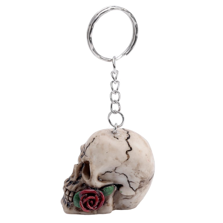 Resin and Metal Skulls and Roses Keyring with Rose Design - Novelty Keychain