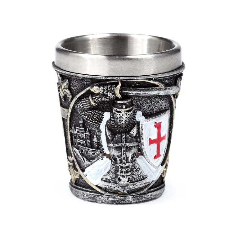 Medieval Knight Resin & Stainless Steel Decorative Shot Glass - Red White Shield Design
