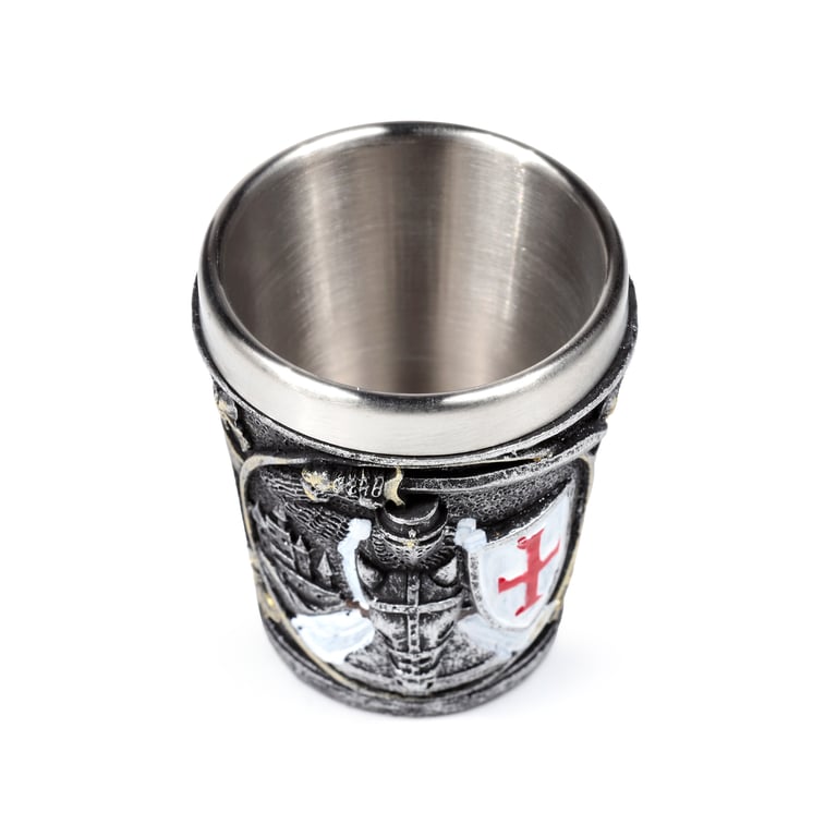 Medieval Knight Resin & Stainless Steel Decorative Shot Glass - Red White Shield Design