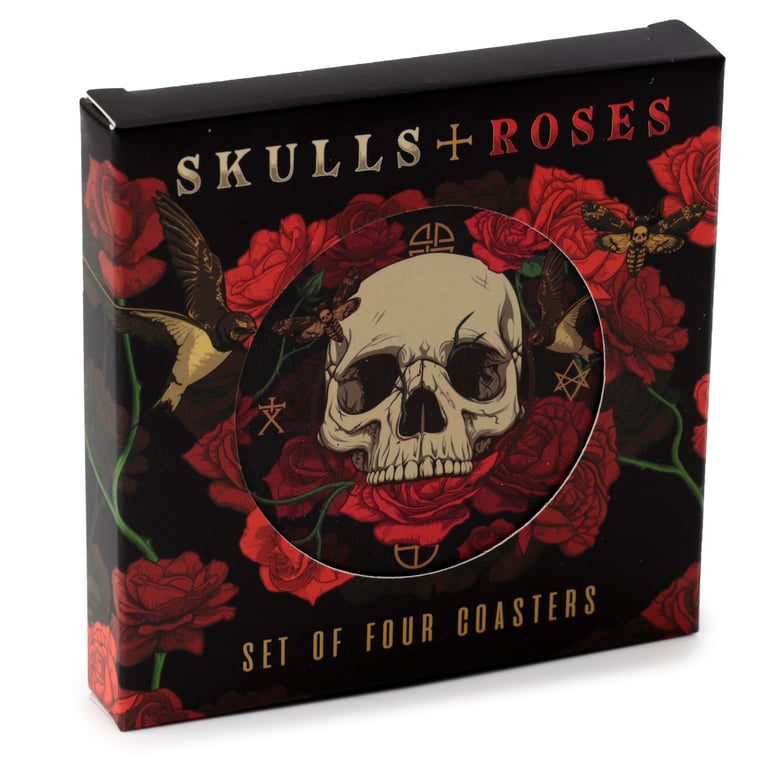Cork Novelty Coasters - 4-Piece Skulls and Roses Set