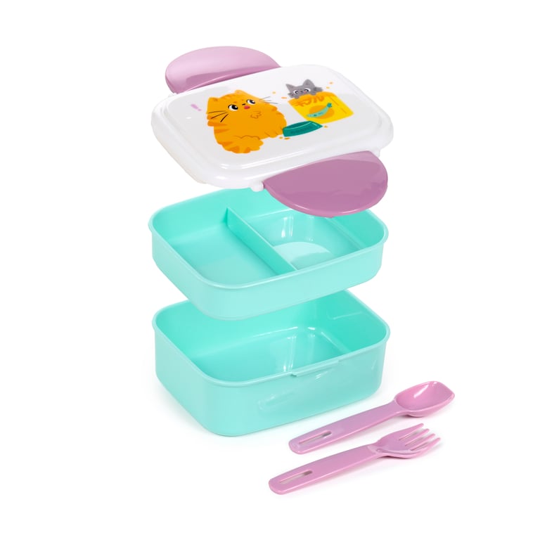 Polypropylene Bento Clip Lock Lunch Box with Cutlery - Cats Themed, Food Safe & BPA Free