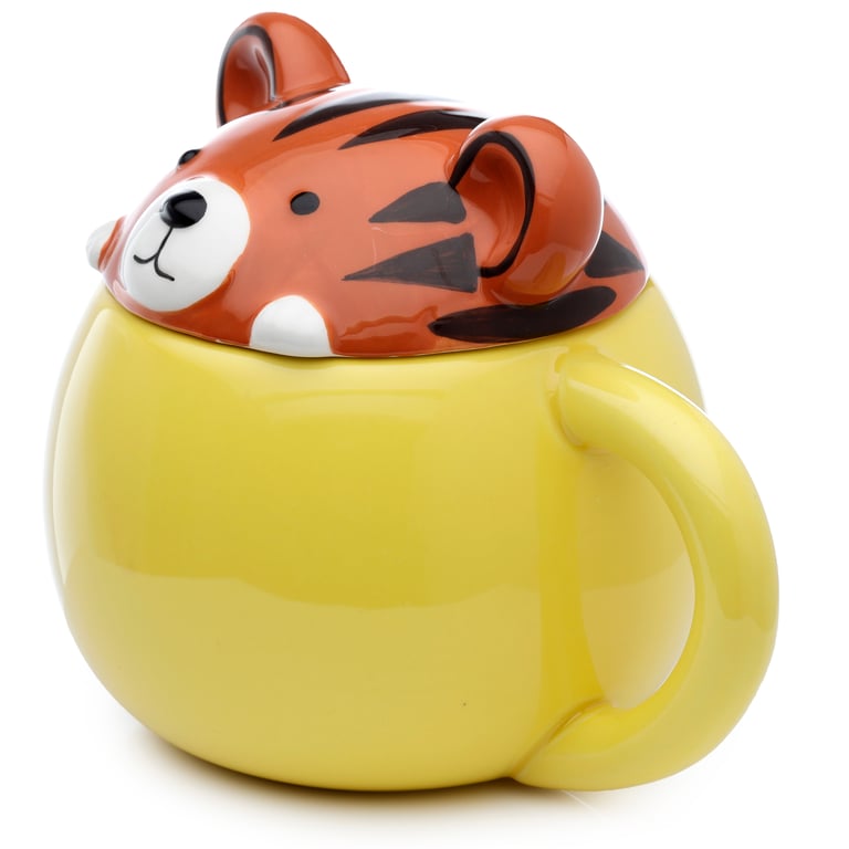Adoramals Ceramic Tiger Peeping Lid Mug - 450ml, Dishwasher & Microwave Not Required, Food Safe