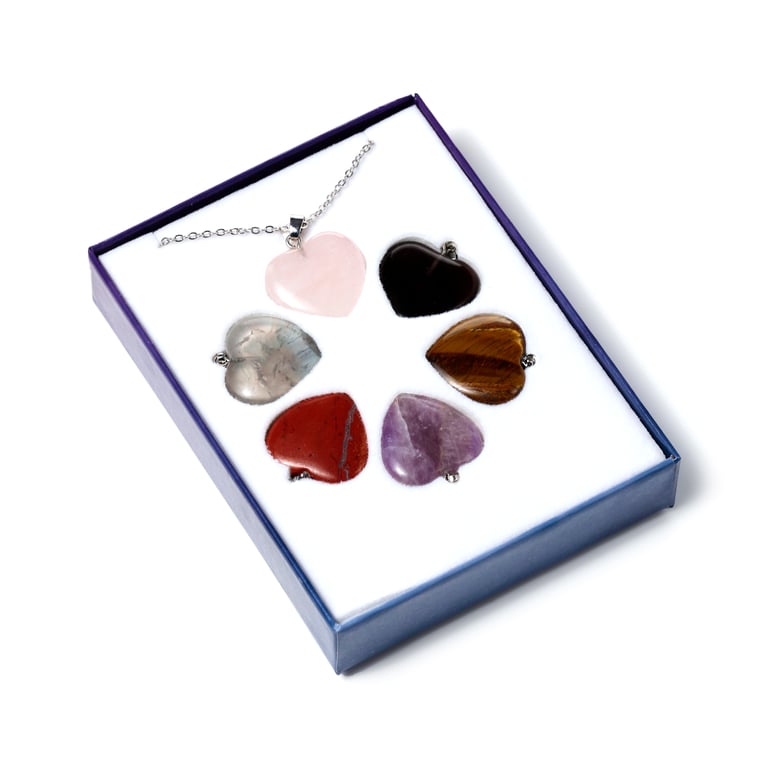 Gemstone Pendant Set - 6 Interchangeable Heart Shaped Pendants with Natural Gemstones and Brass Jewelry