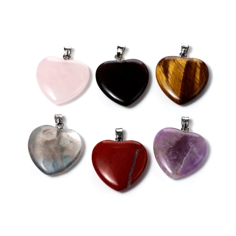 Gemstone Pendant Set - 6 Interchangeable Heart Shaped Pendants with Natural Gemstones and Brass Jewelry