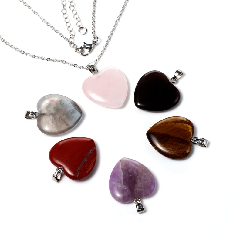 Gemstone Pendant Set - 6 Interchangeable Heart Shaped Pendants with Natural Gemstones and Brass Jewelry