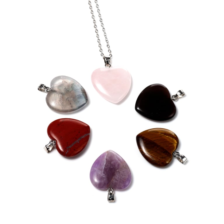 Gemstone Pendant Set - 6 Interchangeable Heart Shaped Pendants with Natural Gemstones and Brass Jewelry