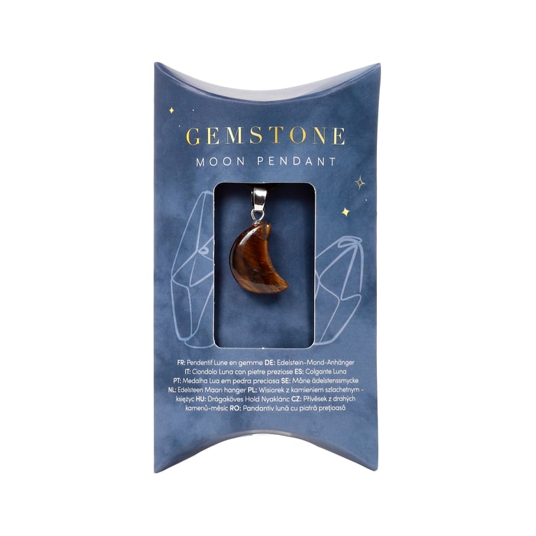 Natural Gemstone Mini Moon Pendant Necklace - Iron Zinc Alloy & Brass