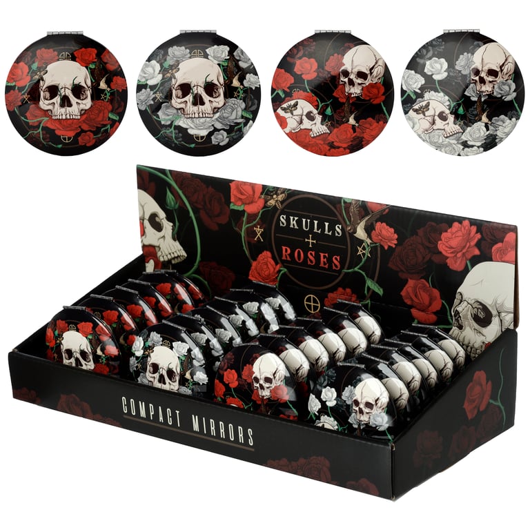 Metal Compact Mirror - Skulls and Roses Design, Aluminium Frame with Glass Surface